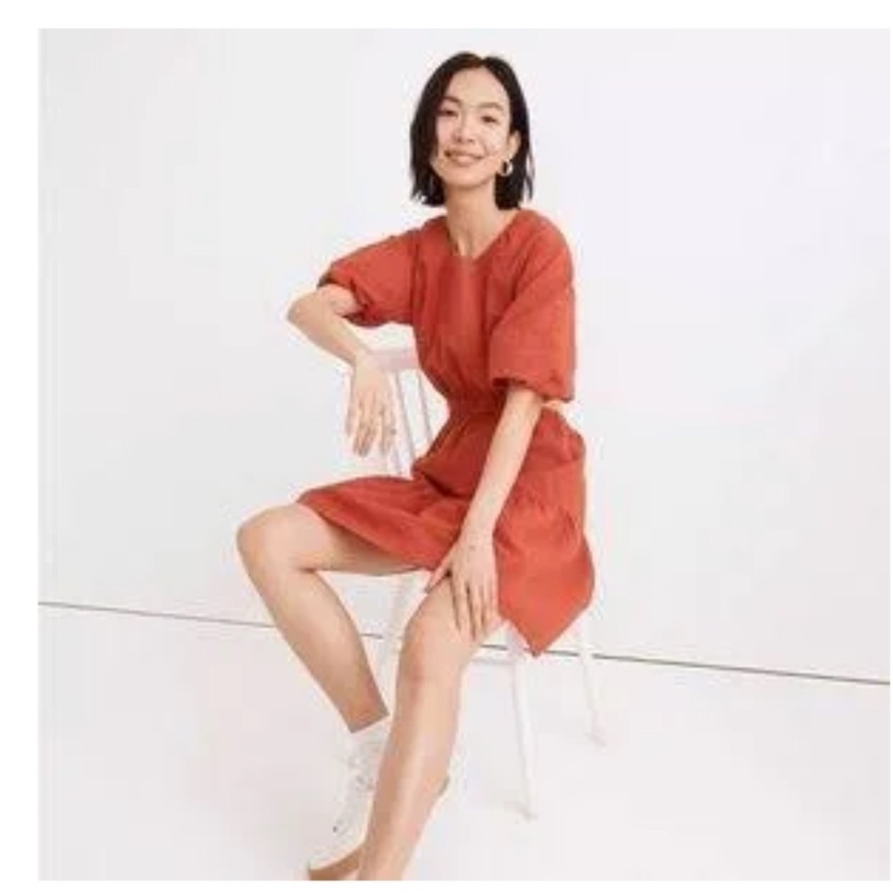 Madewell Seersucker Puff Sleeve Cutout Mini Dress NF870 Coral S